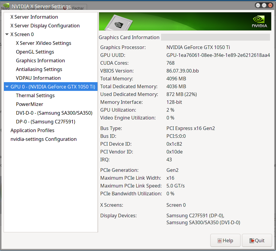 Tela do NVIDIA X Server Settings mostrando que está ativa.