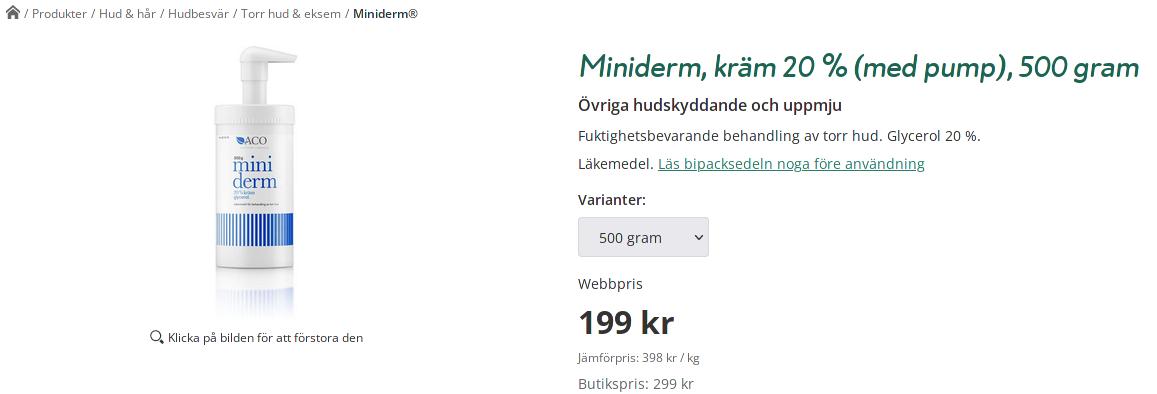 Creme dermatológico hidratante, 500 gramas, por 199 coroas suecas.