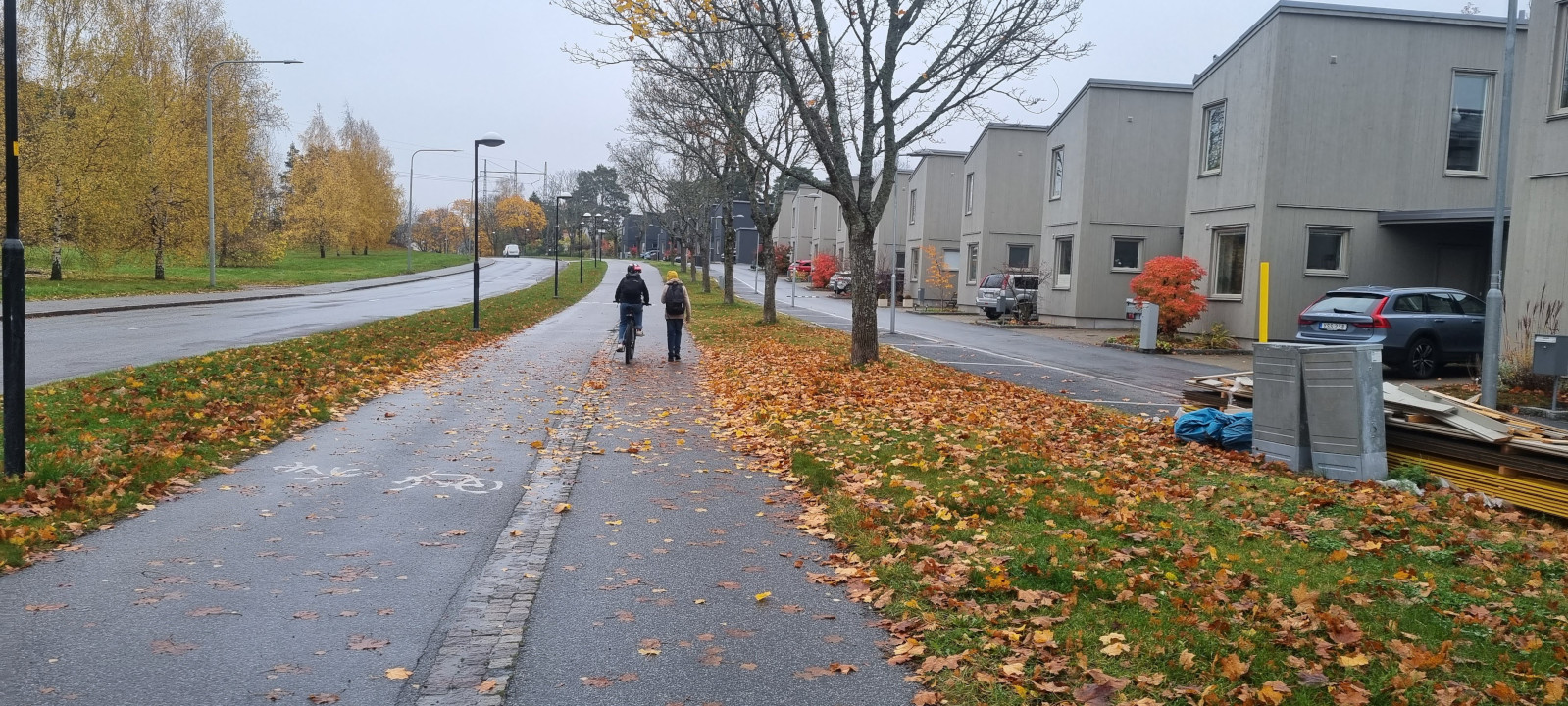 Uma criança na bicleta andando ao lado do amigo, à pé, passando pelo caminho com folhas no chão.