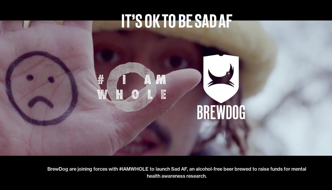 Logo do site da empresa BrewDog (cervejaria) dizendo "tudo bem sentir-se triste", uma alusão à sigla SAD.