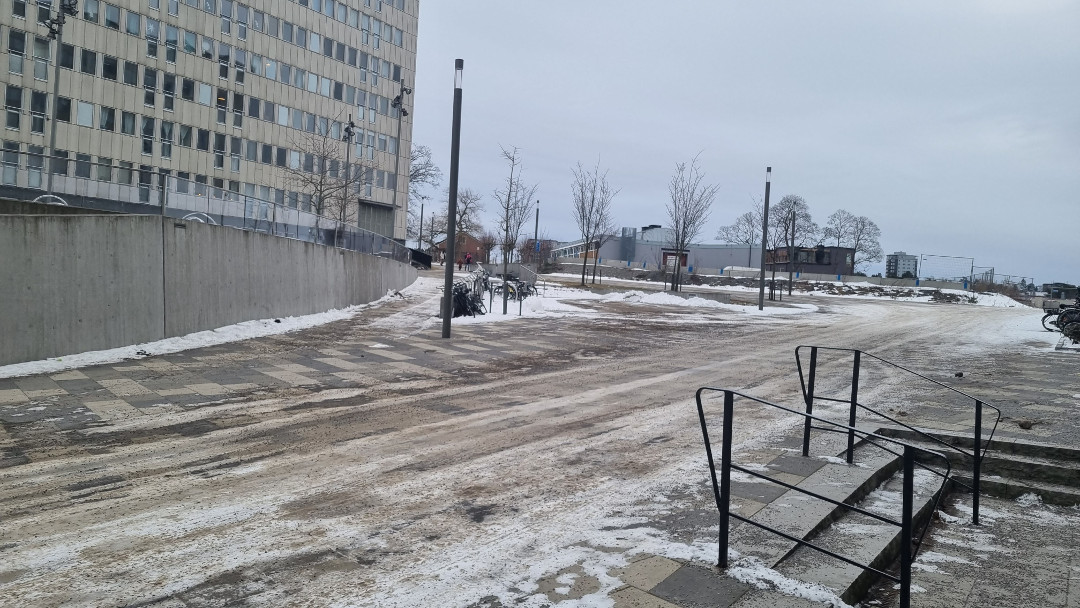 Praça com neve derretida e suja.