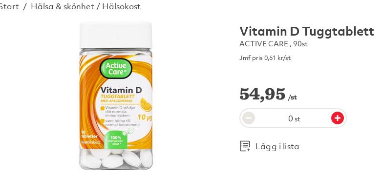 Pote de tabletes de vitamina D à venda por 54,95 coroas suecas.