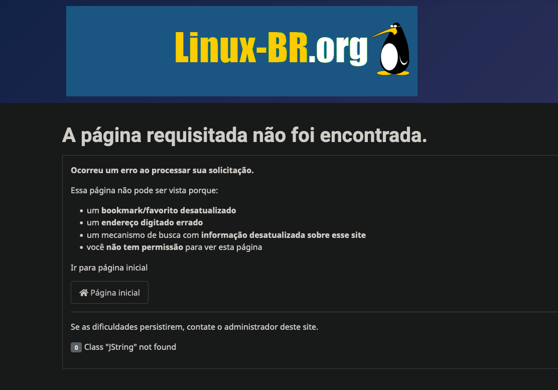 Imagem do siste linux-br.org com a mensagem: a página requisitada não foi encontrada.